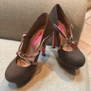 Betsey Johnson rose gold and camel shoes.